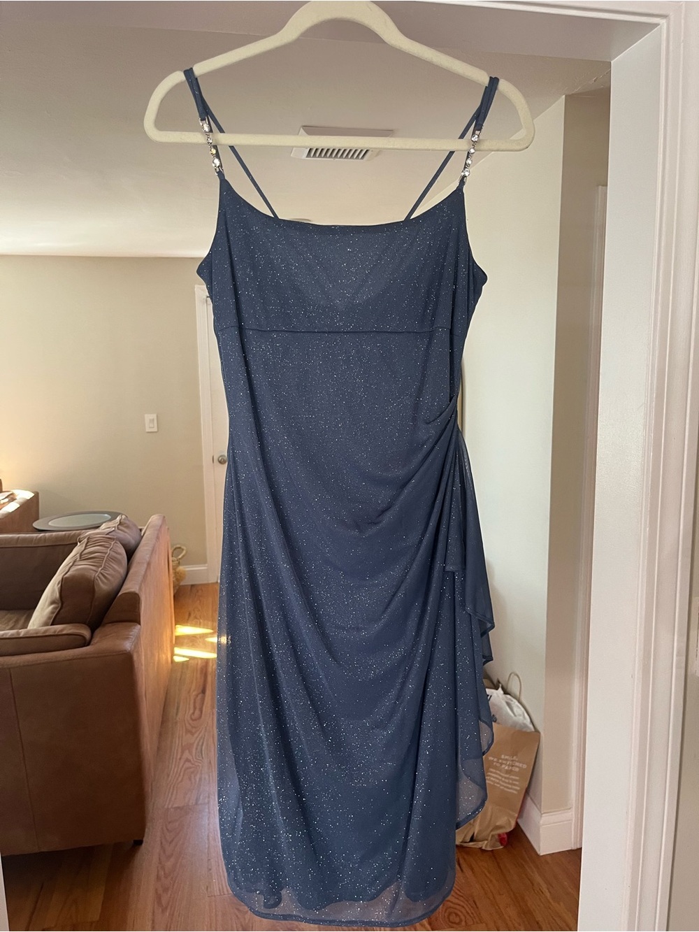 Evening Dress, Blue Sparkle and Rhinestone Straps, Midi Length Size 6